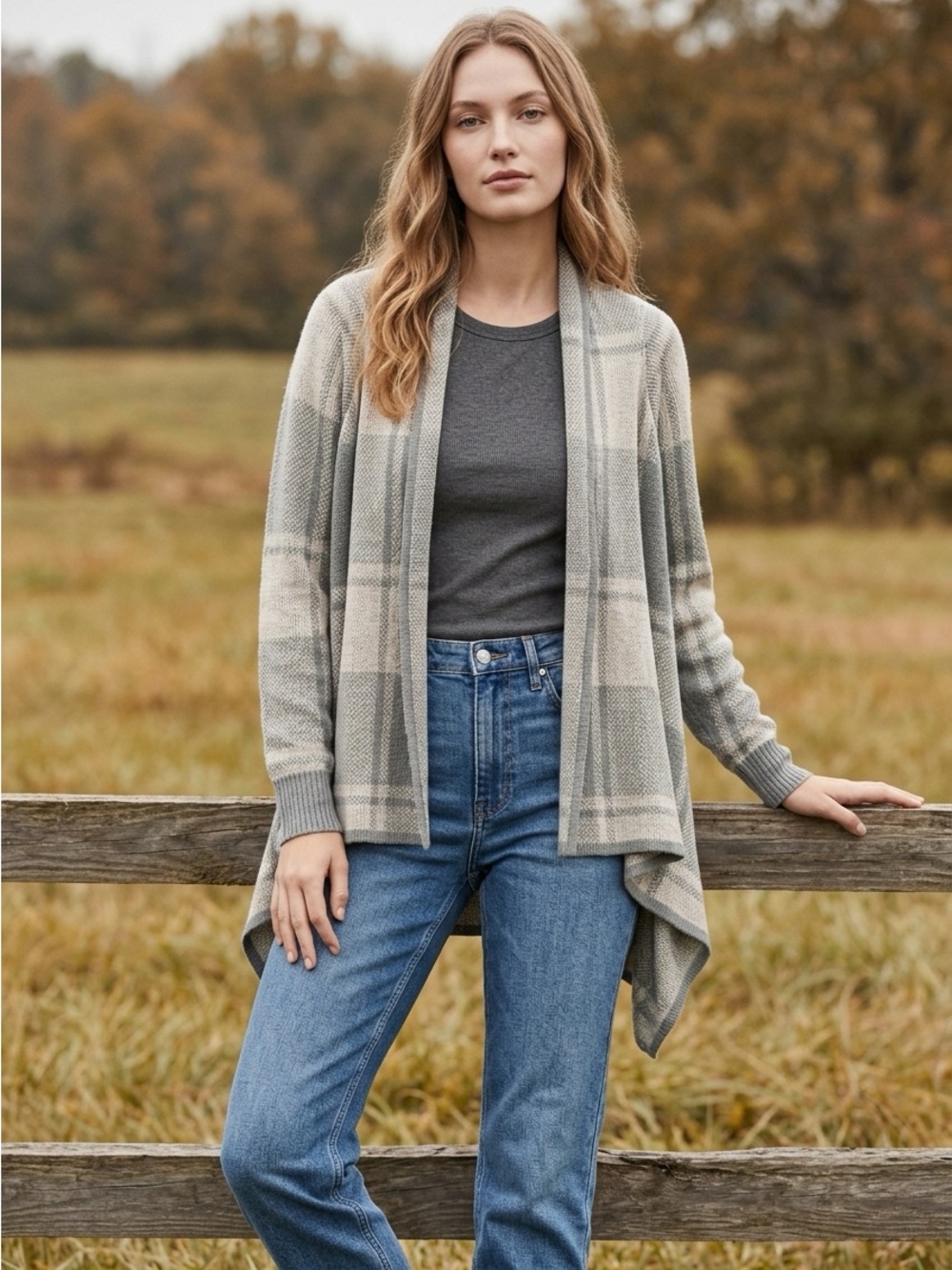 Merona Gray & Cream Plaid Open Drape Cardigan